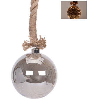 Glazen bal met 30 LED&#039;s - 15cm - jute touw 100cm